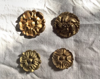 Four Antique Brass Picture Hook Covers / Mounts / Buttons - 1800's Elaborate Made in France brass Assortment