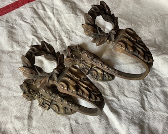 A pair of 1900s Classical Medium Sized Vintage Brass Ormolu Curtain Tiebacks made in France Quality Pair