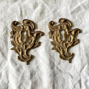 Op de afbeelding: Twee antieke messing sleutelgatdeksels met sierlijke, symmetrische ontwerpen. Elke afdekking heeft een centraal sleutelgat, omgeven door gedetailleerd bloemen- en krulwerk, en bekroond met gestileerde vleugels. Het messing heeft een warme, verouderde patina.