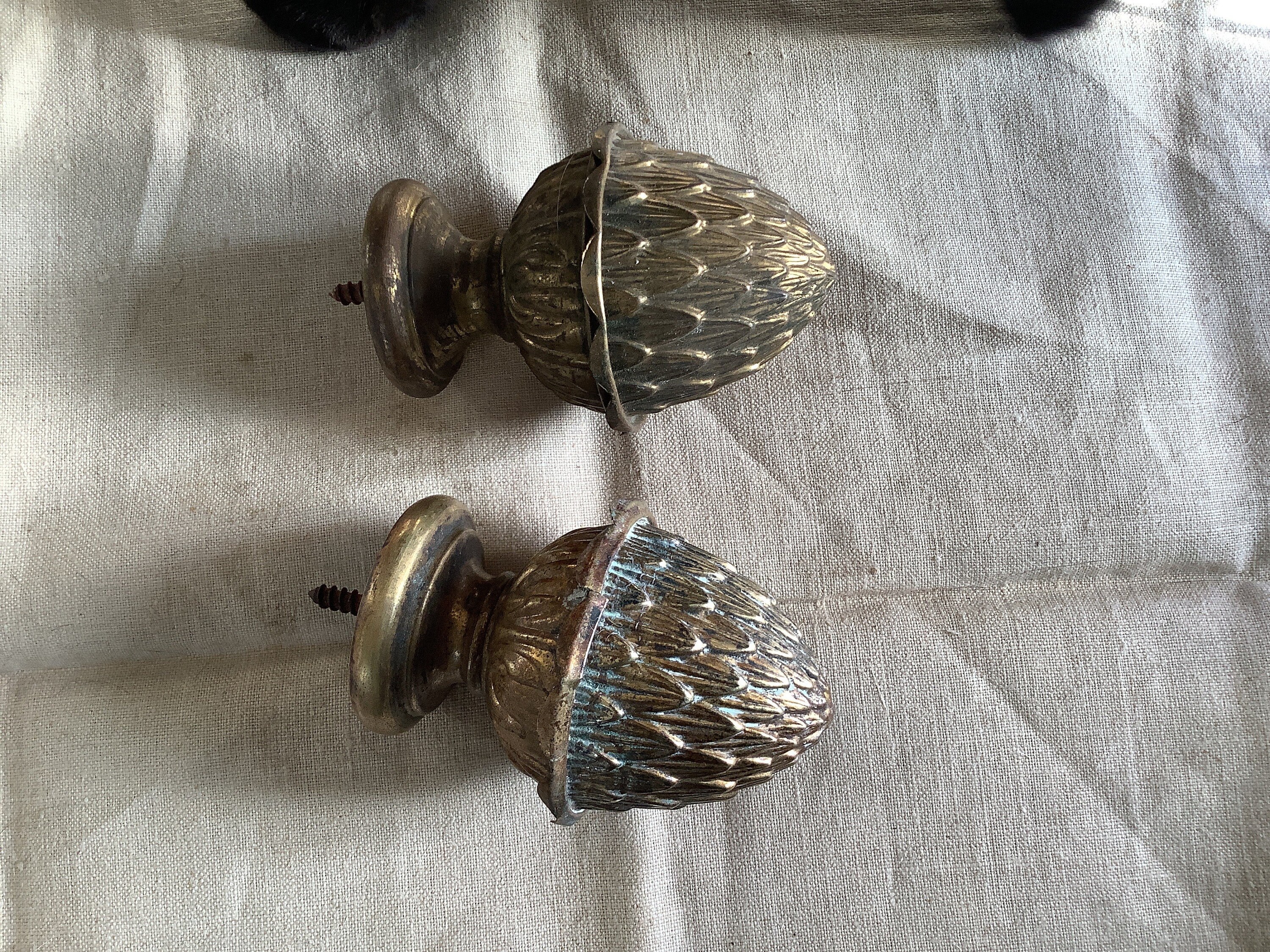 Antique Français Ormolu Brass Art Déco Finials Curtain Pole Fin Années 1920 Fabriqué en France