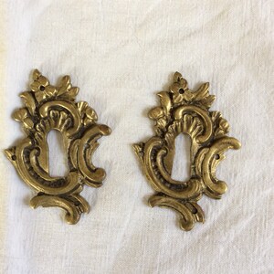 Può includere: Due scudetti per buco della serratura in ottone decorati con un motivo floreale.