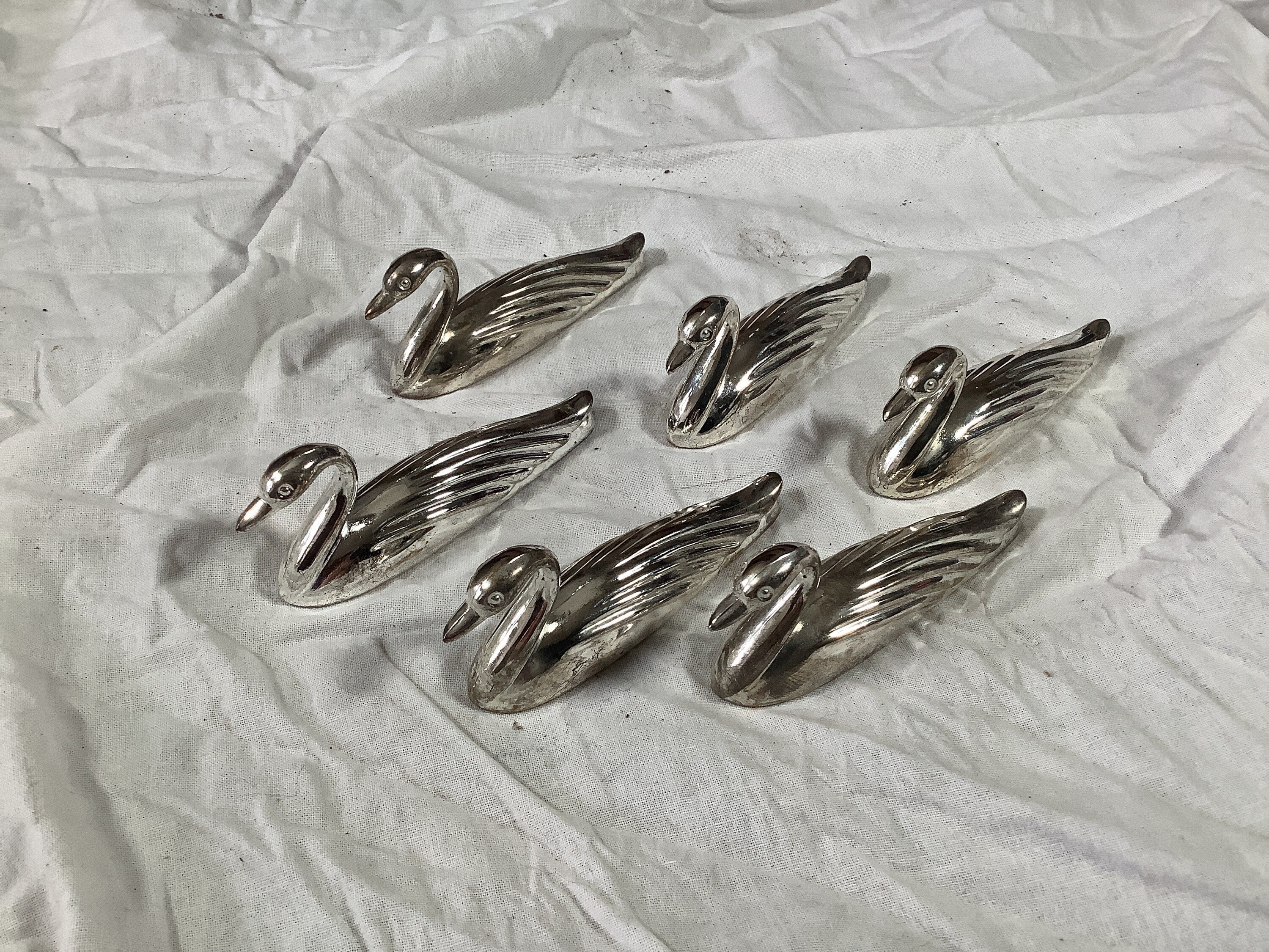 Six Repose-Couteaux Vintage Assortis Français Cygnes Plaqués Argent Terni Fabriqués en France