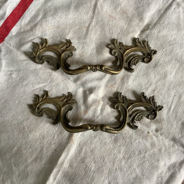 Two pieces Vintage 1900s Antique Brass Furniture Handles with Patina Made in France