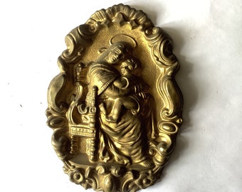 One Large Antique Brass Picture Hook Cover / Mount - 1800&#39;s Elaborate Made in France, Mary and baby Jesus or mother and child tin plate