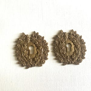 Un juego de dos tapas de cerradura de latón antiguo a juego fabricadas en Francia en la década de 1900