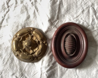 Two Antique Brass and Wood Picture Hook Covers / Mounts / Buttons - 1800's Elaborate Made in France brass Assortment