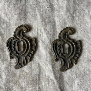 Può includere: Due scudetti per buco della serratura antichi e decorati, in ottone, con intricati disegni a spirale. Gli scudetti sono di colore ottone scuro invecchiato e hanno un buco della serrure al centro.