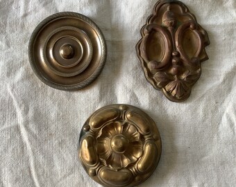 Three Antique Brass Picture Hook Covers / Mounts / Buttons - 1800's Elaborate Made in France brass Assortment