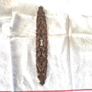 Può includere: Copri foro chiave in ottone decorato con intricati motivi floreali. Il copri foro è un rettangolo lungo e stretto con un foro chiave al centro.