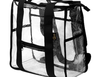 Bolso tote transparente convertible en mochila con detalles en negro