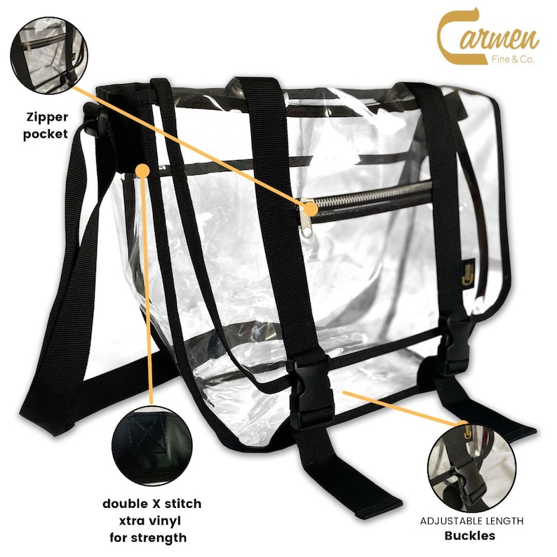 Puede incluir: Bolso mensajero de vinilo transparente con correas y hebillas negras. El bolso tiene un bolsillo con cremallera y costuras dobles para mayor resistencia. "Carmen Fine & Co." est&aacute; impreso en el bolso.