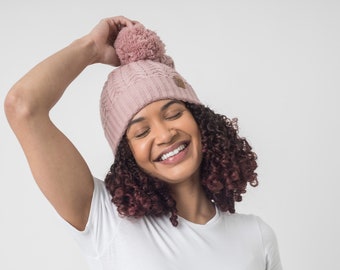 Satin Lined bobble Hat in Blush Pink