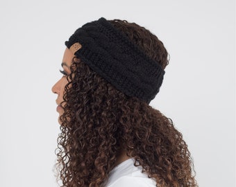 Satin Lined Knitted Headband in Black