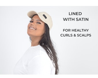 Cream Satin Lined Baseball Cap For Curly Hair and scalps
