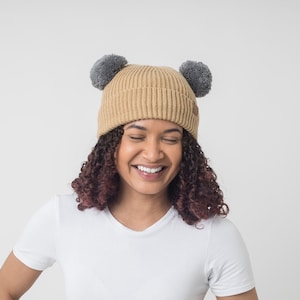 Adult Satin Lined PomPom Hat in Tan and Grey
