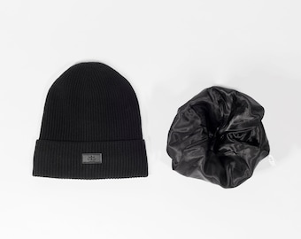 Satin Lined Black Stripe  Tall Beanie
