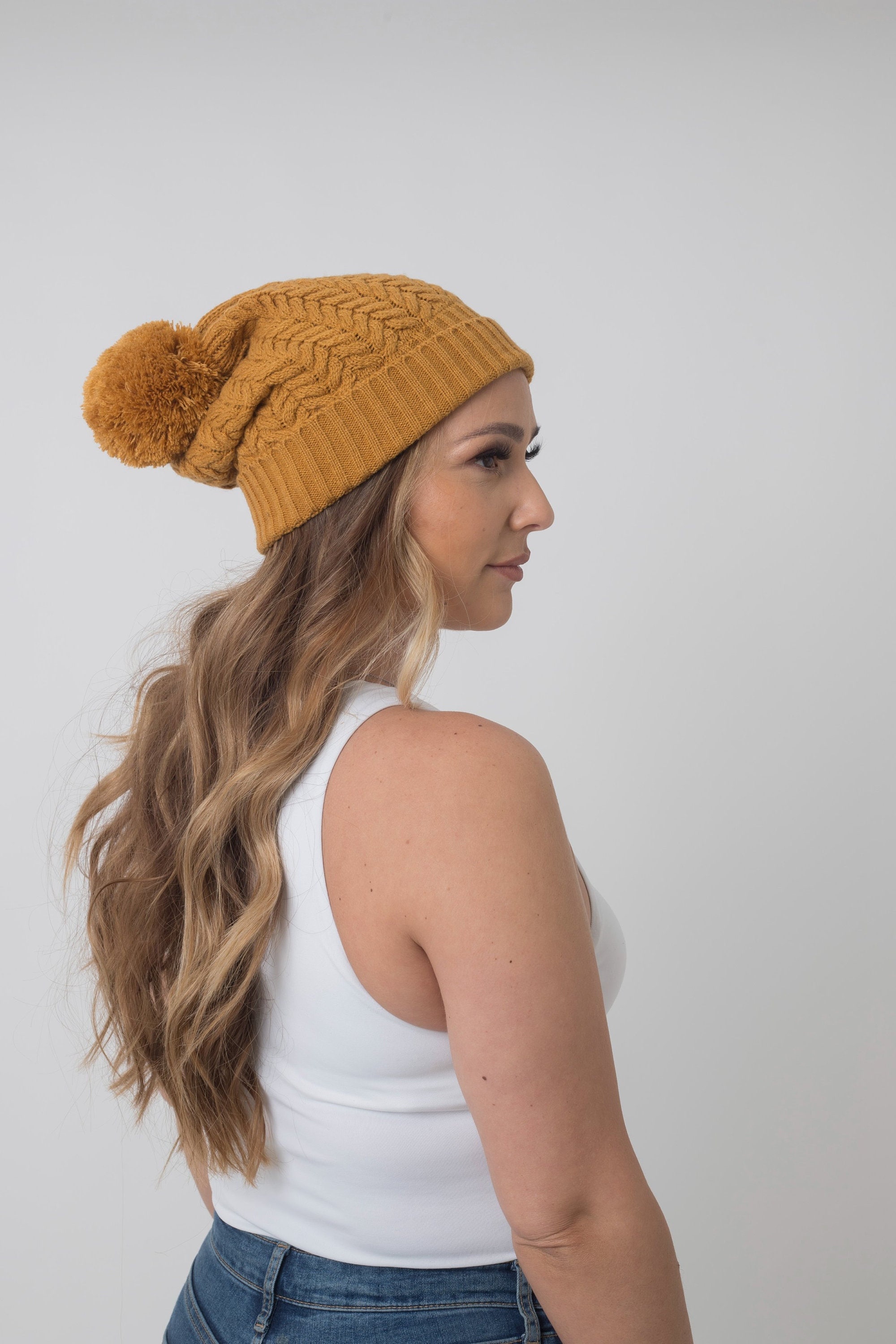 Satin Lined Bobble Hat in Golden Ochre Mustard