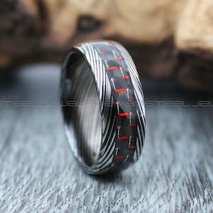 Damascus Steel Ring, 8mm Black Tungsten Band with Domed Edge Black and Red Carbon Fiber Inlay Damascus Steel Pattern Laser Engraved