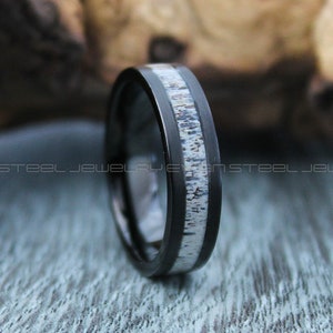 Deer Antler Rings, 6mm Black Tungsten Band with Flat Edge Genuine Deer Antler Inlay, Black Tungsten Deer Antler Wedding Band, Black Ring