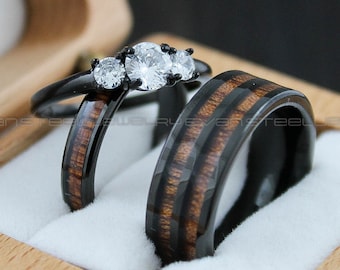 Wood Rings, Wood Wedding Bands, Wood Wedding Rings, 3 Piece Couple Set Tungsten Bands with Wood Inlay, Couple Rings, Matching Wood Rings