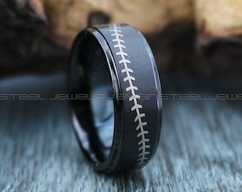 Baseball Ring, Baseball Jewelry, 8mm Black Tungsten Band with Step Edge Matte Finish Baseball Stitches Laser, Baseball Wedding Ring