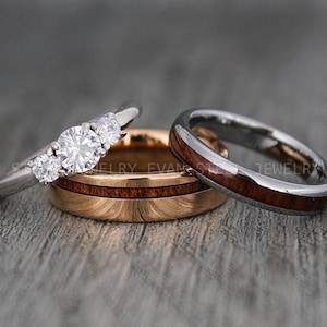 Wood Rings, Wood Wedding Bands, Wood Wedding Rings, 3 Piece Couple Set Tungsten Bands with Wood Inlay, Couple Rings, Matching Wood Rings