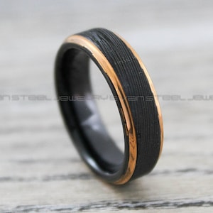 Damascus Steel Ring, Damascus Steel Wedding Ring, 6mm Black Tungsten Band Rose Gold Step Edge, Black Wedding Ring, Black Wedding Band