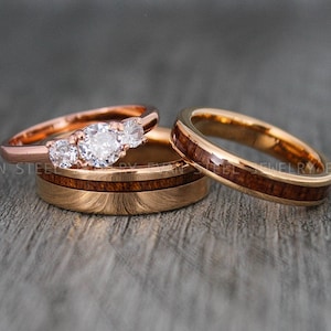 Wood Rings, Wood Wedding Bands, Wood Wedding Rings, 3 Piece Couple Set Tungsten Bands with Wood Inlay, Couple Rings, Matching Wood Rings