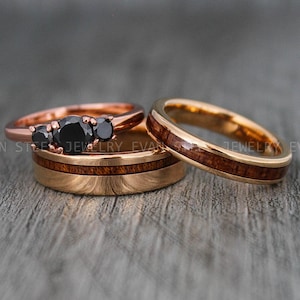 Wood Rings, Wood Wedding Bands, Wood Wedding Rings, 3 Piece Couple Set Tungsten Bands with Wood Inlay, Couple Rings, Matching Wood Rings
