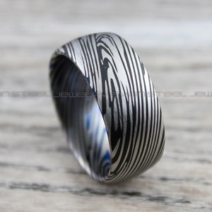 Damascus Steel Ring, Damascus Steel Wedding Ring, 10mm Black Tungsten Band with Domed Edge Black Wedding Ring Black Wedding Band Grooms Ring