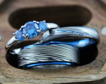 Damascus Steel Rings, Damascus Steel Wedding Rings, 3 Piece Couple Set Blue Tungsten Bands .925 Sterling Silver Three Stone Engagement Ring