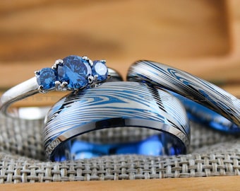 Damascus Steel Rings, Damascus Steel Wedding Rings, 3 Piece Couple Set Blue Tungsten Bands .925 Sterling Silver Three Stone Engagement Ring