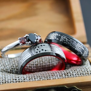 Gamer Rings, Circuit Board Rings, 3 Piece Couple Set Black Tungsten Bands Circuit Board Pattern, Gamer Wedding Rings, Couple Wedding Bands