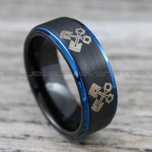Mechanic Ring, Piston Ring, Pistons Ring, Engine Ring, 8mm Black Tungsten Band Step Edge, Engine Pistons Design Ring, Black Tungsten Ring