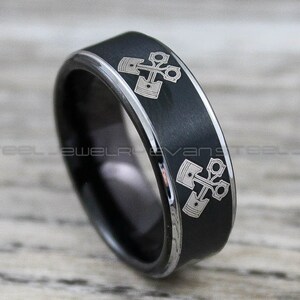 Mechanic Ring, Piston Ring, Pistons Ring, Engine Ring, 8mm Black Tungsten Band Step Edge, Engine Pistons Design Ring, Black Tungsten Ring
