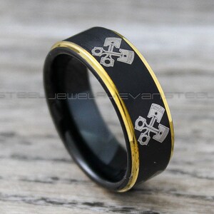 Mechanic Ring, Piston Ring, Pistons Ring, Engine Ring, 8mm Black Tungsten Band Step Edge, Engine Pistons Design Ring, Black Tungsten Ring