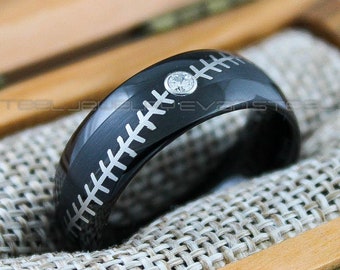 Baseball Ring, Baseball Jewelry, 8mm Black Tungsten Band with Domed Edge Brushed Finish, Baseball Stitches Laser, Baseball Wedding Ring