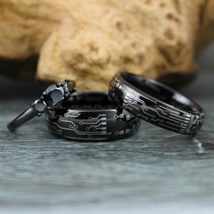 Gamer Rings, Circuit Board Rings, 3 Piece Couple Set Black Tungsten Bands Circuit Board Pattern, Gamer Wedding Rings, Couple Wedding Bands