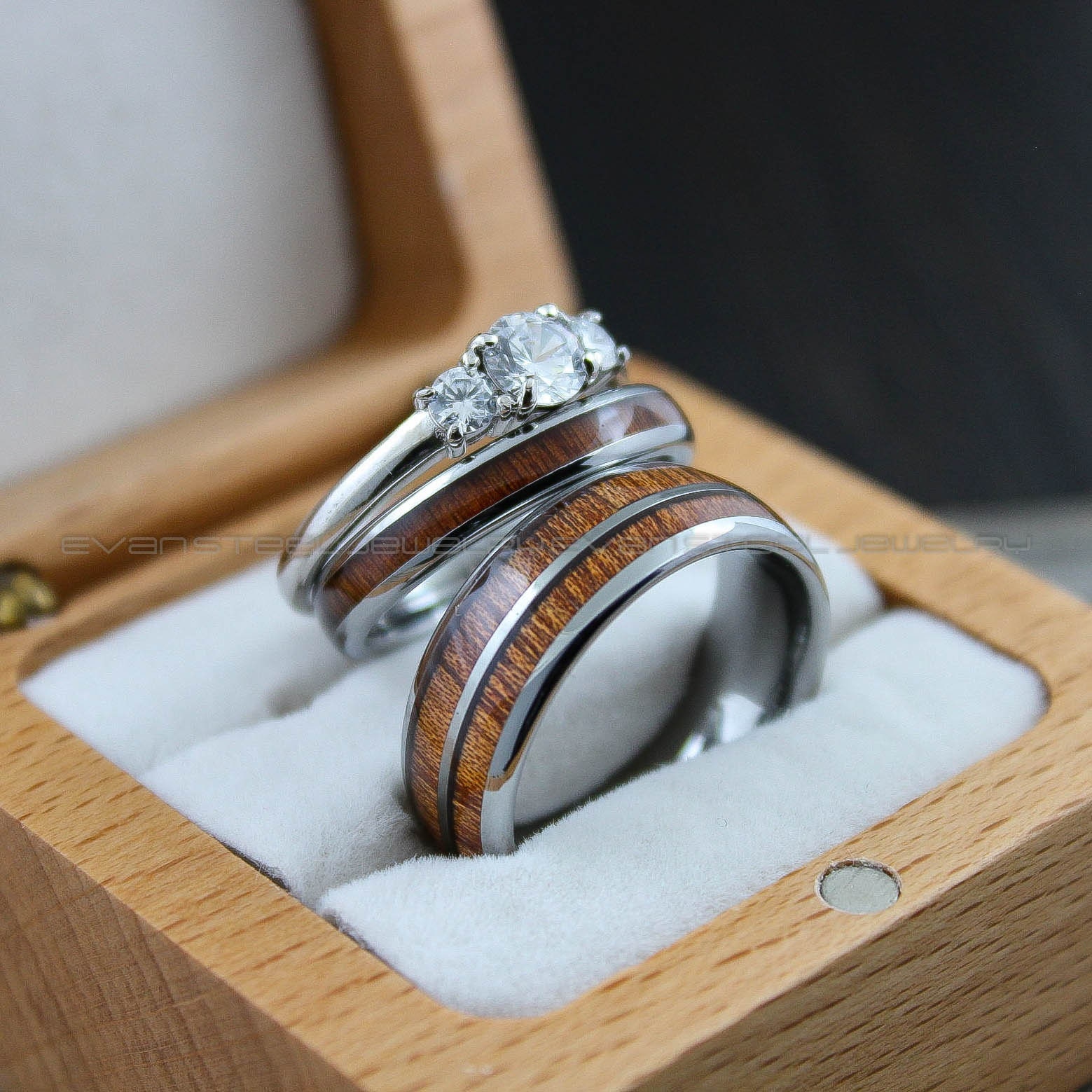 Wood Rings, Wood Wedding Bands, Wood Wedding Rings, 3 Piece Couple Set Tungsten Bands with Wood Inlay, Couple Rings, Matching Wood Rings