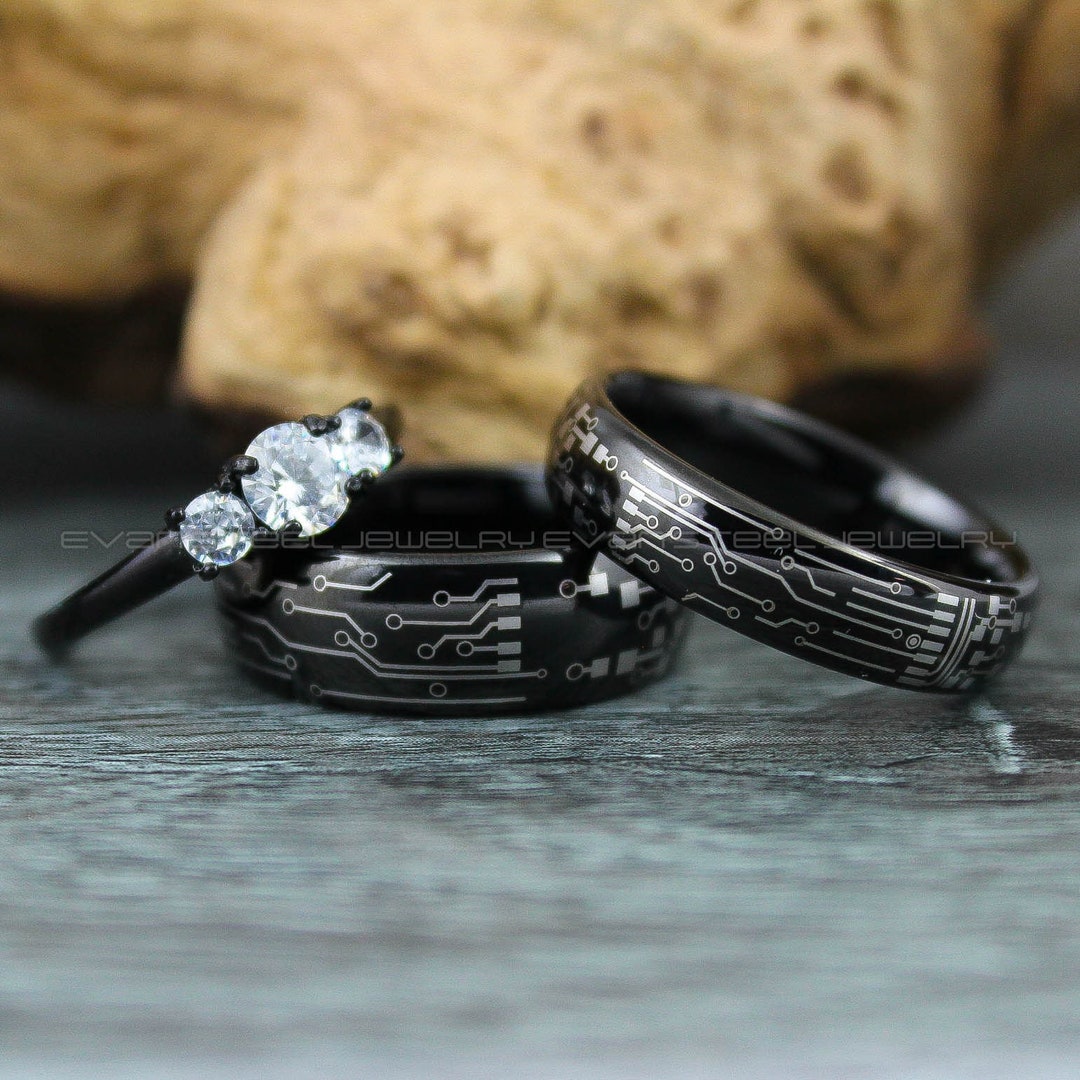 Gamer Rings, Circuit Board Rings, 3 Piece Couple Set Black Tungsten ...