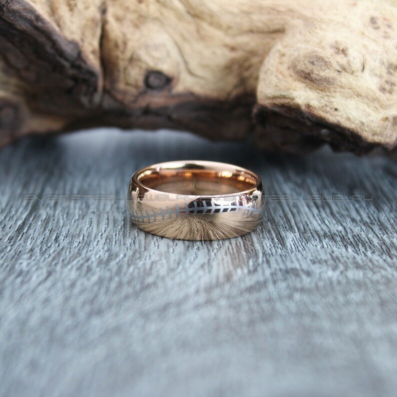 FREE SHIPPING Custom Engraved 8mm 14K Rose Gold Tungsten Band Domed Edge Polished Finish Baseball Stitches Laser Engraved Baseball Ring