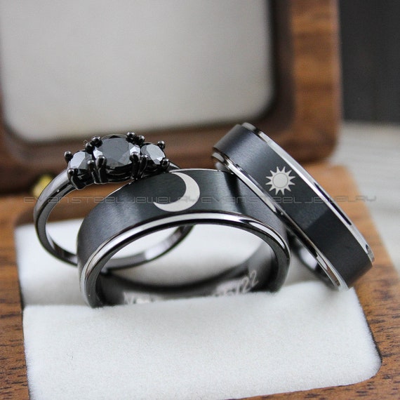Sun And Moon Matching Couple's Rings - Stainless Steel His & Hers Set, High Polished Black - View #4