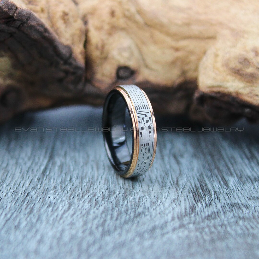 Gamer Ring, Circuit Board Ring, 6mm Black Tungsten Band 14K Rose Gold ...