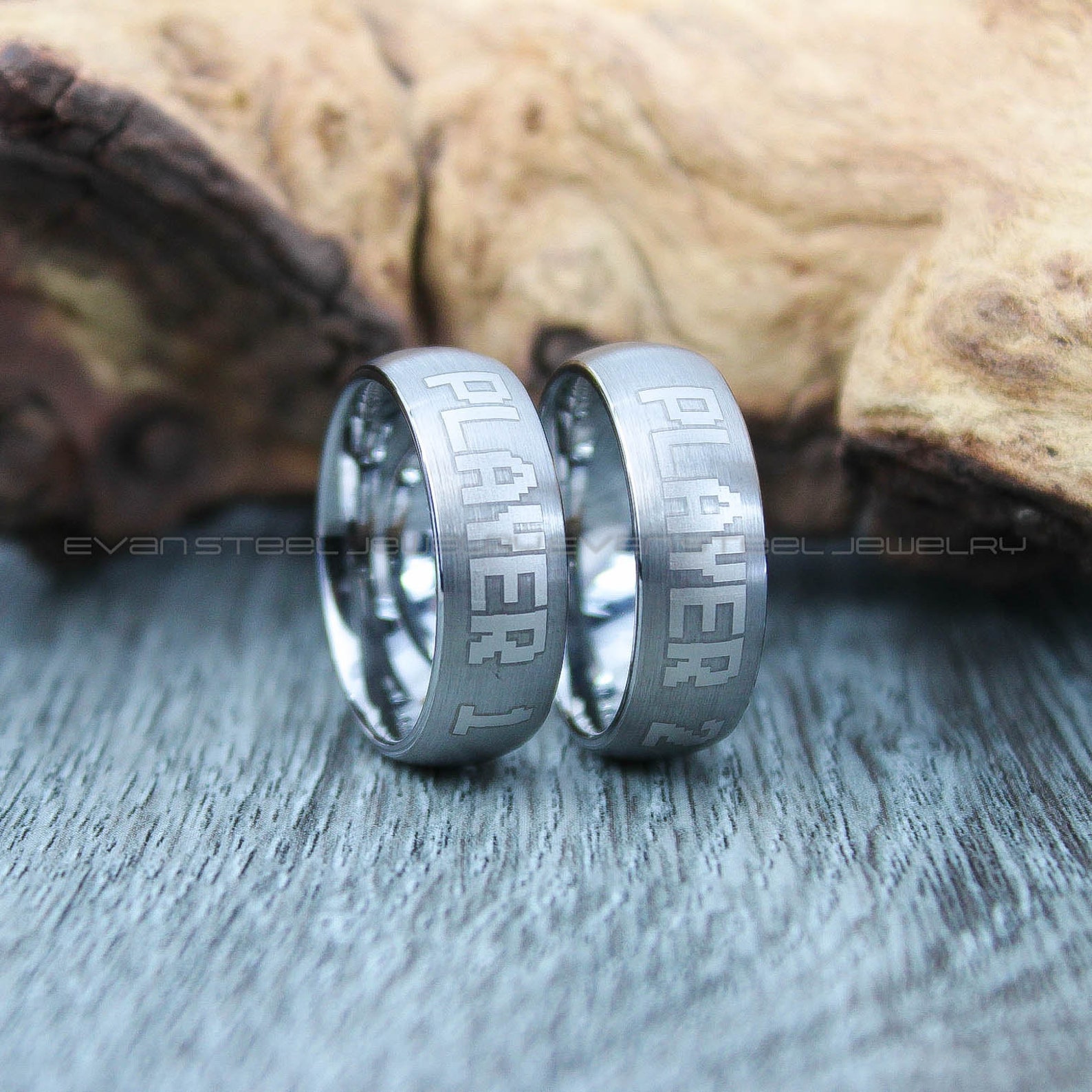 Gamer Rings, Couple Rings, 2 Piece Couple Set 8mm Silver Tungsten Bands ...