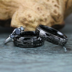 Gamer Rings, Circuit Board Rings, 3 Piece Couple Set Black Tungsten Bands Circuit Board Pattern, Gamer Wedding Rings, Couple Wedding Bands