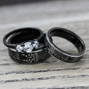 Gamer Rings, Circuit Board Rings, 3 Piece Couple Set Black Tungsten Bands Circuit Board Pattern, Gamer Wedding Rings, Couple Wedding Bands