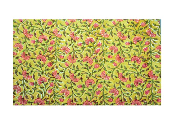 Rug Making Craft Sewing Materiel Hand Block Print Indian Beautiful Flower Print Dressmaking Running Loose Fabric By 5 Yard Throw Quilting