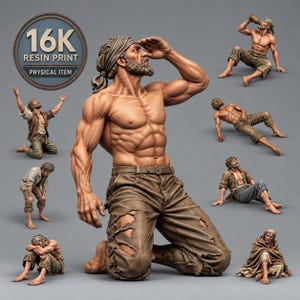 May include: A collection of 16K resin print miniature figurines depicting a muscular, bearded man in various poses, including kneeling, sitting, and reclining. The figures wear tattered brown trousers and shirts, with some wrapped in blankets.