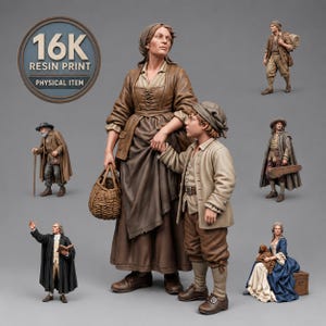 May include: A collection of 16K resin print miniature figurines featuring historical characters, including a woman with a child holding a basket, an elderly person with a cane, a person in a black robe, a traveller, a musician, and a seated person with a dog.