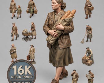 Puede incluir: Una colección de figuras en miniatura impresas en resina 16K que representan personas con vestimenta de mediados de siglo, incluida una figura central que sostiene una bolsa de papel con dos baguettes, junto a varias figuras con cestas, un cochecito, equipaje y herramientas.